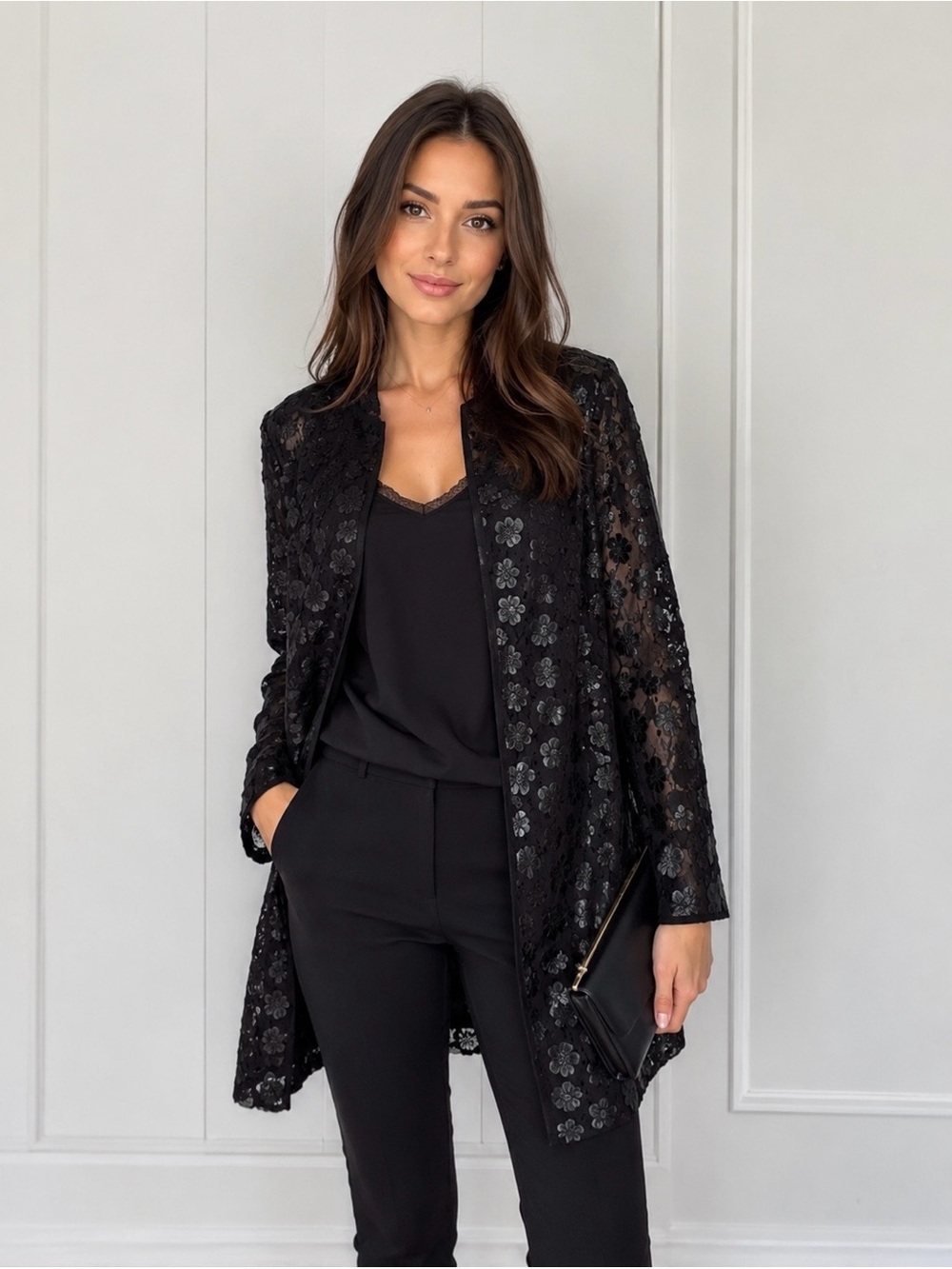 Vintage Karl Lagerfeld Paris Black Floral Lace Evening Jacket Open Front Blazer
